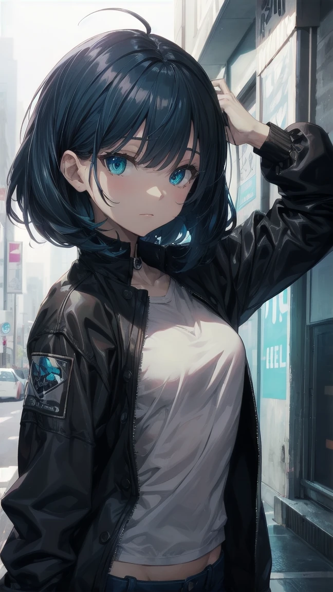 Anime character with gun and black jacket, artwork in the style of Gwaiz, Anime Style 4k yen, Gwaiz, Anime Style. 8k, Gwaiz on artstation pixiv, Gwaiz on pixiv artstation, Ilya Kuvshinov. 4k yen, 4k anime wallpaper, Cyberpunk anime, High quality anime art style, Jinx Face, Wolf Cut, short hair, hot pants, Small breasts, ((Black Hair, Inner bright blue hair:1.4)), Pitch Resuit, rubber ,Nipples, tits, R18, Nipple piercing, Slanted Eyes, Ahegao