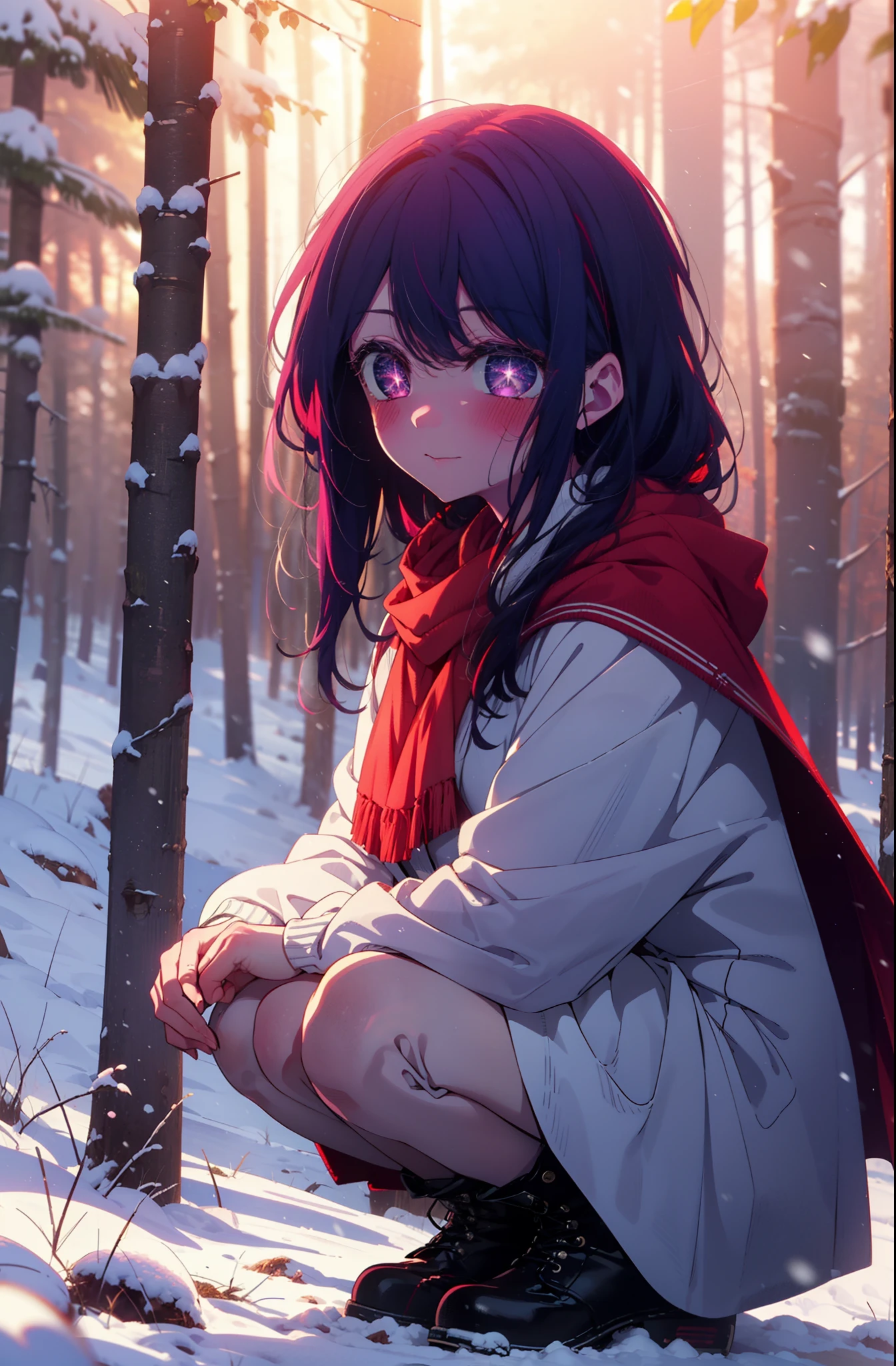 aihoshino, Ai Hoshino, Long Hair, bangs, (Purple eyes:1.1), Purple Hair, (Symbol-shaped pupil:1.5), smile,,smile,blush,white breath,
Open your mouth,snow,Ground bonfire, Outdoor, boots, snowing, From the side, wood, suitcase, Cape, Blurred, , forest, White handbag, nature, Squat, Mouth closed, Cape, winter, Written boundary depth, Black shoes, red Cape break looking at viewer, Upper Body, whole body, break Outdoor, forest, nature, break (masterpiece:1.2), Highest quality, High resolution, unity 8k wallpaper, (shape:0.8), (Beautiful and beautiful eyes:1.6), Highly detailed face, Perfect lighting, Extremely detailed CG, (Perfect hands, Perfect ???????),