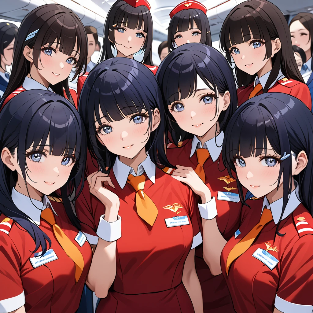((Highest quality)), ((masterpiece)), (detailed), (Perfect Face)、The woman is Reika Aoki with semi-long hair、The woman is a flight attendant for a Chinese airline.、Five flight attendants in red uniforms taking a group photo