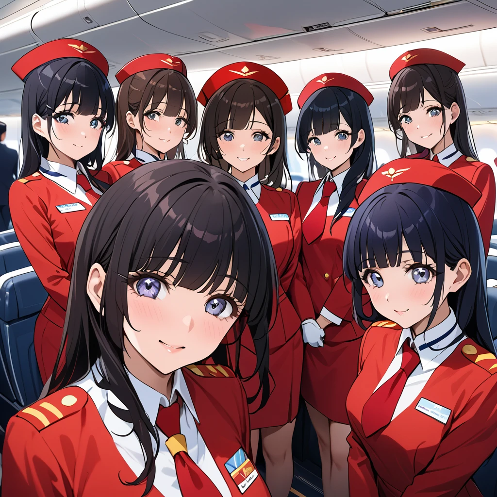((Highest quality)), ((masterpiece)), (detailed), (Perfect Face)、The woman is Reika Aoki with semi-long hair、The woman is a flight attendant for a Chinese airline.、Five flight attendants in red uniforms taking a group photo