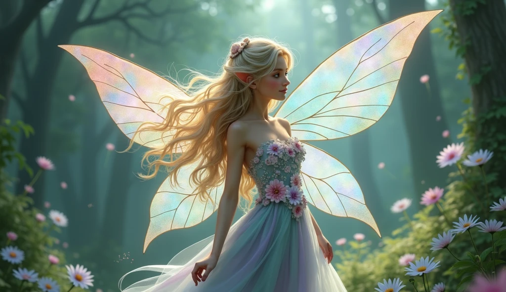 a delicate fairy with iridescent wings that shimmer in various shades of pastel, including soft pink, light blue, and mint green. She has flowing, golden-blonde hair with hints of silver that catches the light like sunlight filtering through leaves, cascading gently over her shoulders. Liora is wearing a dress made entirely of soft flower petals in hues of pale pink, lavender, and turquoise, which flutter gracefully with her movements. Her wings should be intricately detailed, reflecting a spectrum of colors as they catch the light. The background should be a lush, mystical forest with softly glowing flora, enhancing the magical atmosphere. Liora’s expression should be serene and whimsical, embodying the spirit of wonder and enchantment.