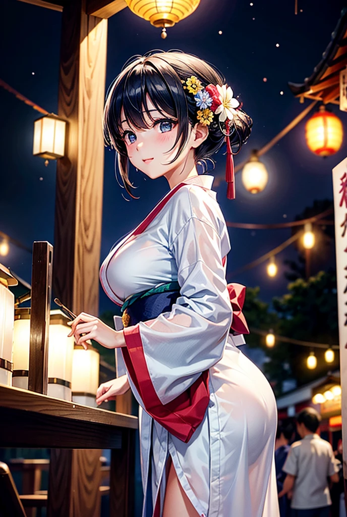 Wearing a bright white yukata on a summer night。The yukata features a delicate morning glory pattern.、Her large breasts are visible through the sudden rain、She is at the summer festival at night、Standing under the dim light of a lantern、Her black hair, which reaches down to her back, is blowing in the wind.。Her eyes have a deep and fascinating look、There is a slight smile on his lips。In the background、As the cool sound of wind chimes echoes、People wearing yukata々The street lined with food stalls and bustling people spreads out.、Fireworks are shining in the night sky。The overall atmosphere is、Enveloped in the mystery and coolness of a summer night、It gives off an elegant and enchanting beauty.
