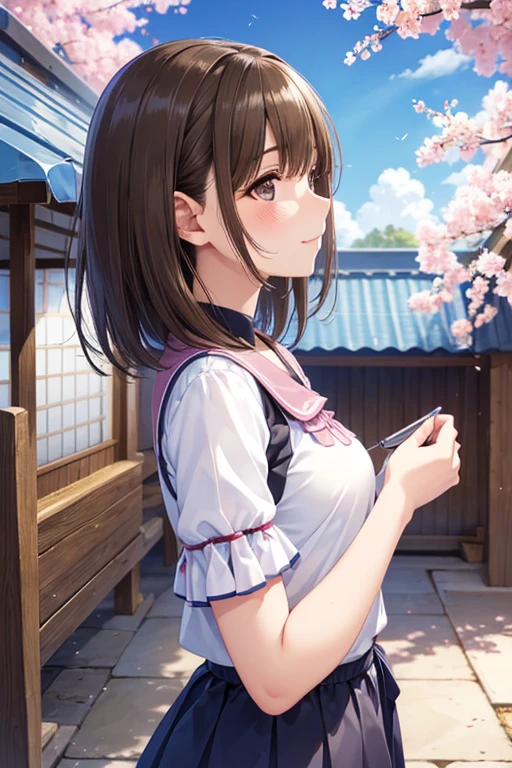 anegasaki nene、Shiny brown hair, short hair, (Beautiful brown eyes、Sparkling eyes, Fine grain)、smile、Ultra-detailed eyes、Highly detailed face, Highly detailed eyes,
Only one female, (From the side) (profile), Are standing, (Stylish and relaxed clothing) Spring-like, Mature Woman, /(Dark brown hair/) bangs, blush (Masterpiece Top quality:1.2) Delicate illustrations, super detailed, Medium Breast Break (Station platform:1.2) (Very small station), roof, noon, (Cherry Blossom:0.8), blue sky, Detailed Background