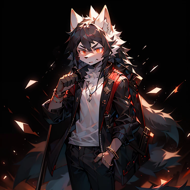 alone person, single, teenage boy, white wolf, long black hair, ears black fluffy wolf, eyesbrown white, eyes red, high quality, nice body, high resolution, masterpiece, dark environment 0.8, plain jacket is open, no shirt, short caramel trousers, rifle in hand, backpack, angry face, bracelet in hand.