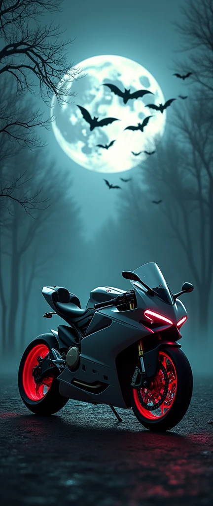 Ducati panigale V4 with ghost on night and bats are flying in sky and haunted moon 