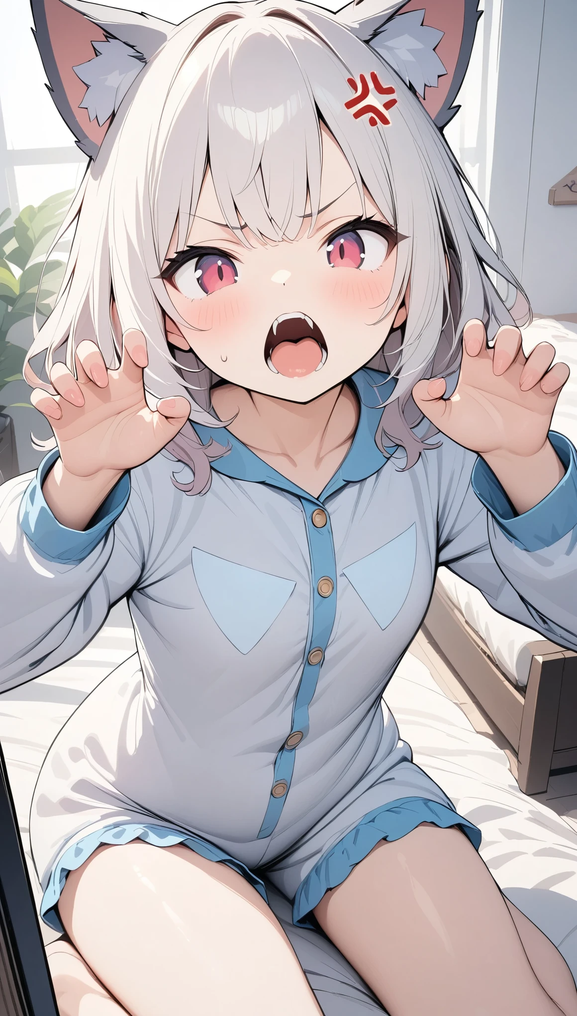 anime、Highest quality、Highest quality、Ultra-detailed、(masterpiece:1.2),Very absurd、4K,8k,Shortcuts、Curly hair、(Red Eyes:0.8)、Slanted Eyes、anger vein,A girl wearing a wolf costume pajamas、cute、Beast Pose、Open your mouth wide,(bites),Bedroom