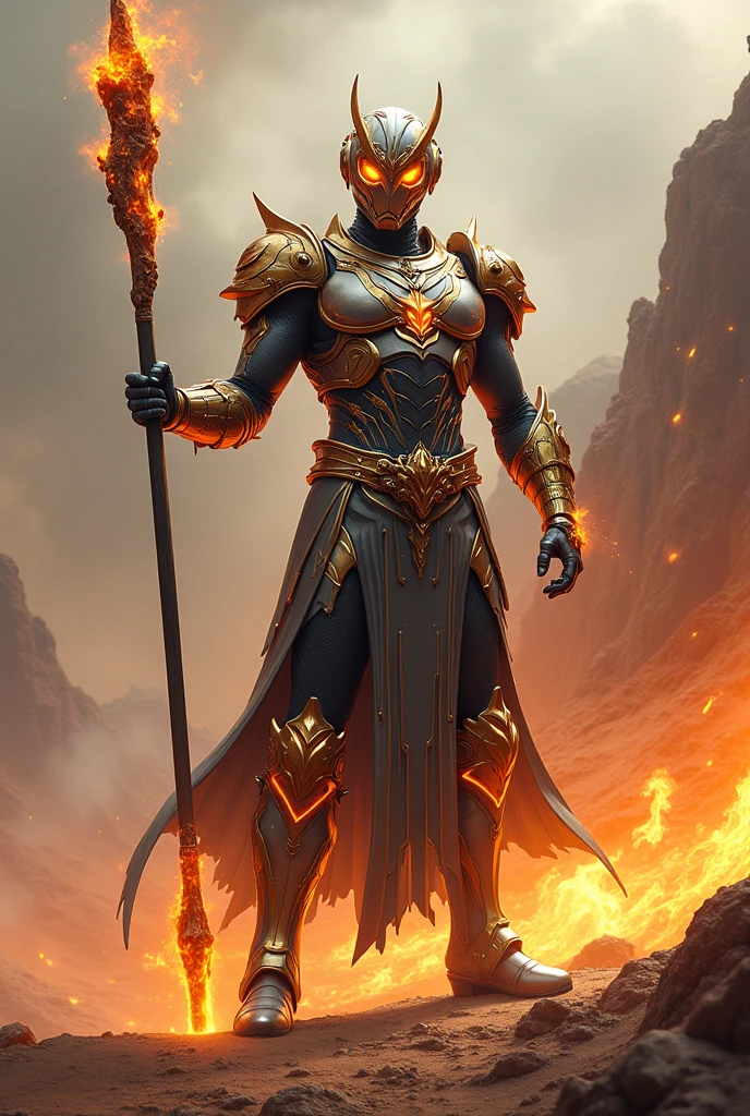 Create superhero with suit full body armour look alike kamen rider with wukong monkey king element hold stick on fire smoke effect background at desert mountain snake skin lava effect on suit fighting action