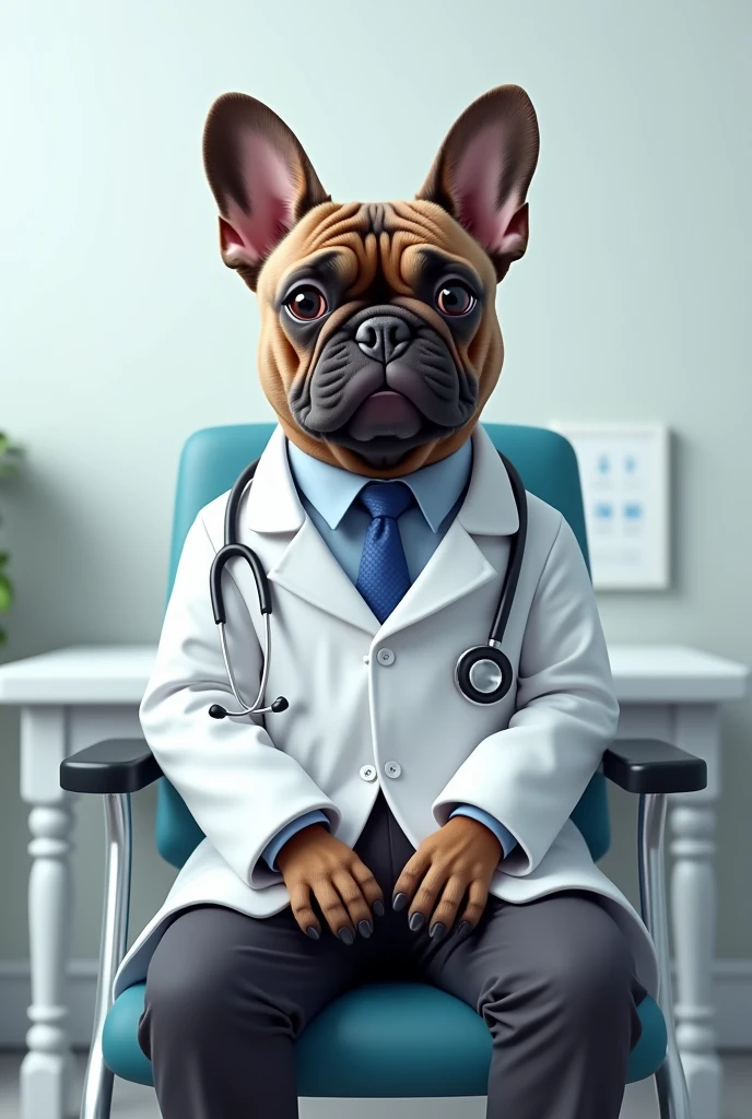 French bulldog in white coat, well defined:1.3, sitting in a chair in the examination room, Holding a stethoscope, Character Design, Simple Background, 