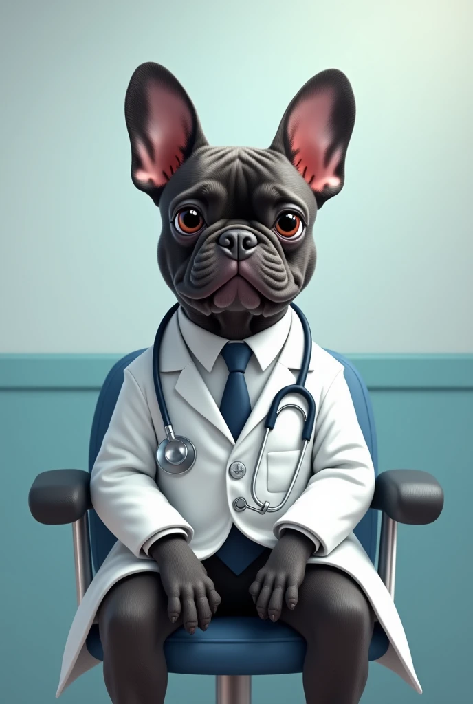 French bulldog in white coat, well defined:1.3, sitting in a chair in the examination room, Holding a stethoscope, Character Design, Simple Background,