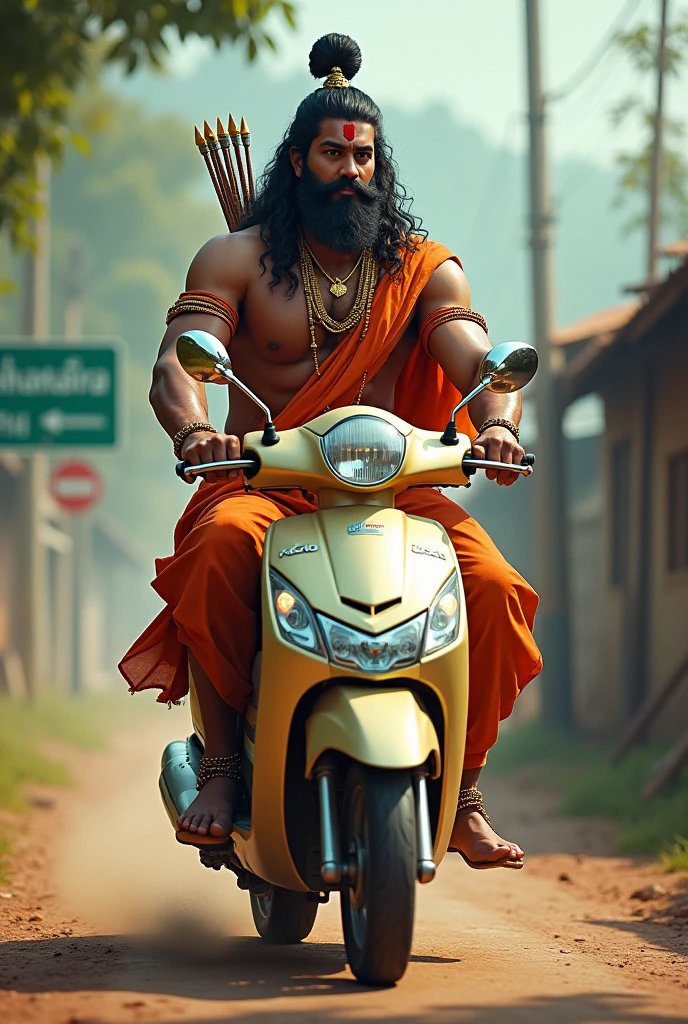  mahabharath characters lord Bheema and lord arjun is riding in a honda Activa scooter in a village. Bheema have heavy muscle body. With black beard and shaved chin. Arjun have muscular body shape.Arjun's holding Bheema's mace and Arjun's Bow and arrow .Village name is Kulathoor mentioned in a green road sign board . 