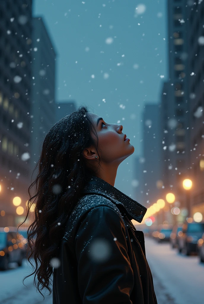 A woman looking up, Christmas night, rain turning to snow, snowfall illuminating the city lights, Holy Night,