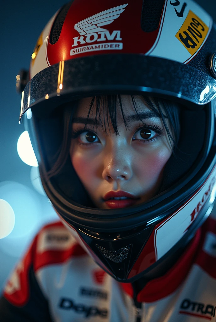 (very beautiful Japanese high school girl), professional motorcycle racer, about to Ride on a racing motorcycle, at circuit at night, dramatic scene, masterpiece, (face focus:1.3), clear helmet visor, beautiful eyes, Honda CBR1000RR, Shoei helmet, (wearing motorcycle racer's outfits)