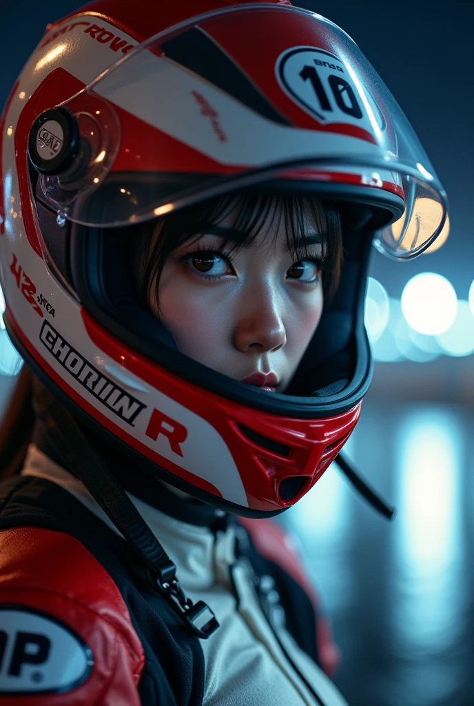 (very beautiful Japanese high school girl), professional motorcycle racer, about to Ride on a racing motorcycle, at circuit at night, dramatic scene, masterpiece, (face focus:1.3), clear helmet visor, beautiful eyes, Honda CBR1000RR, Shoei helmet, (wearing motorcycle racer's outfits)