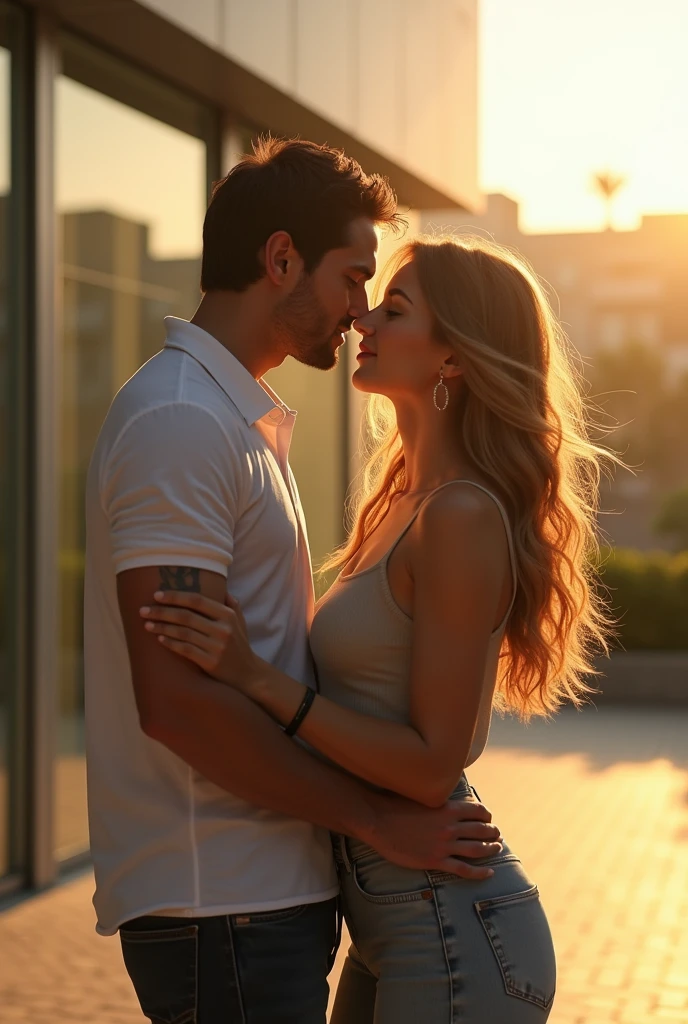 On a sunny afternoon in front of a modern building a man hugs a woman and the man looks at ther woman who is in front looking at the man.