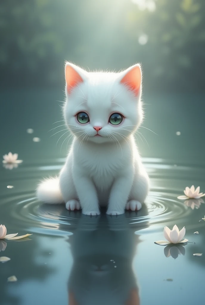 water is coming from the small  white cat's eyes while sitting in the grayawered.