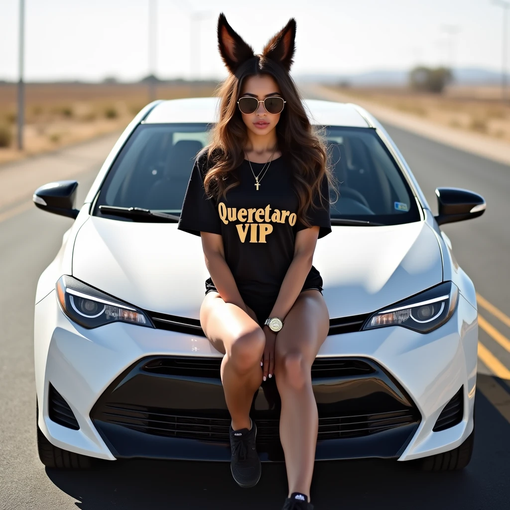 Latin woman, 18 years, Brown hair, huge breasts, athletic body, Athletic legs, black lingerie, fox ears, Black t-shirt cut to the navel with the legend: Queretaro VIP", Sunglasses, black Adidas tennis shoes, gold watch on the wrist, gold chain with on the neck, sitting on the hood of a white 2016 Toyota Corolla, on a deserted road