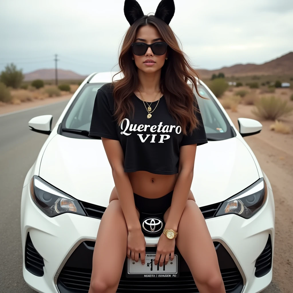 Latin woman, 18 years, Brown hair, huge breasts, athletic body, Athletic legs, black lingerie, fox ears, Black t-shirt cut to the navel with the legend: Queretaro VIP", Sunglasses, black Adidas tennis shoes, gold watch on the wrist, gold chain with on the neck, sitting on the hood of a white 2016 Toyota Corolla, on a deserted road