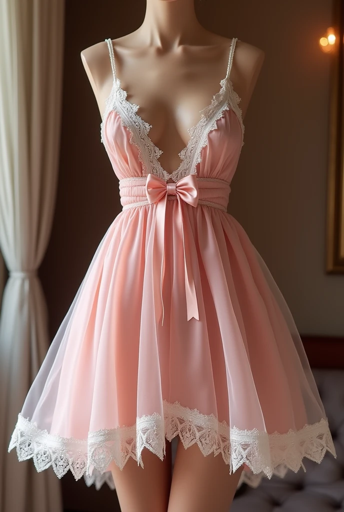 Create a mesmerizing and sultry dress for an NSFW mod on AVN Award, featuring a soft, pastel pink hue with white accents, spaghetti straps, and a plunging V-neckline, along with a gathered section adorned with lace trim and a dainty bow at the center front. The A-line silhouette and semi-sheer material, likely made of chiffon or a silk blend, provide both comfort and grace."