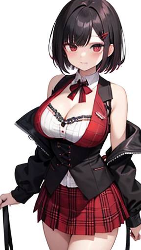 Red and black plaid mini skirt、White lace blouse、Red vest、Black very short hair、Large Breasts、Cleavage,Pet Collars、black eye