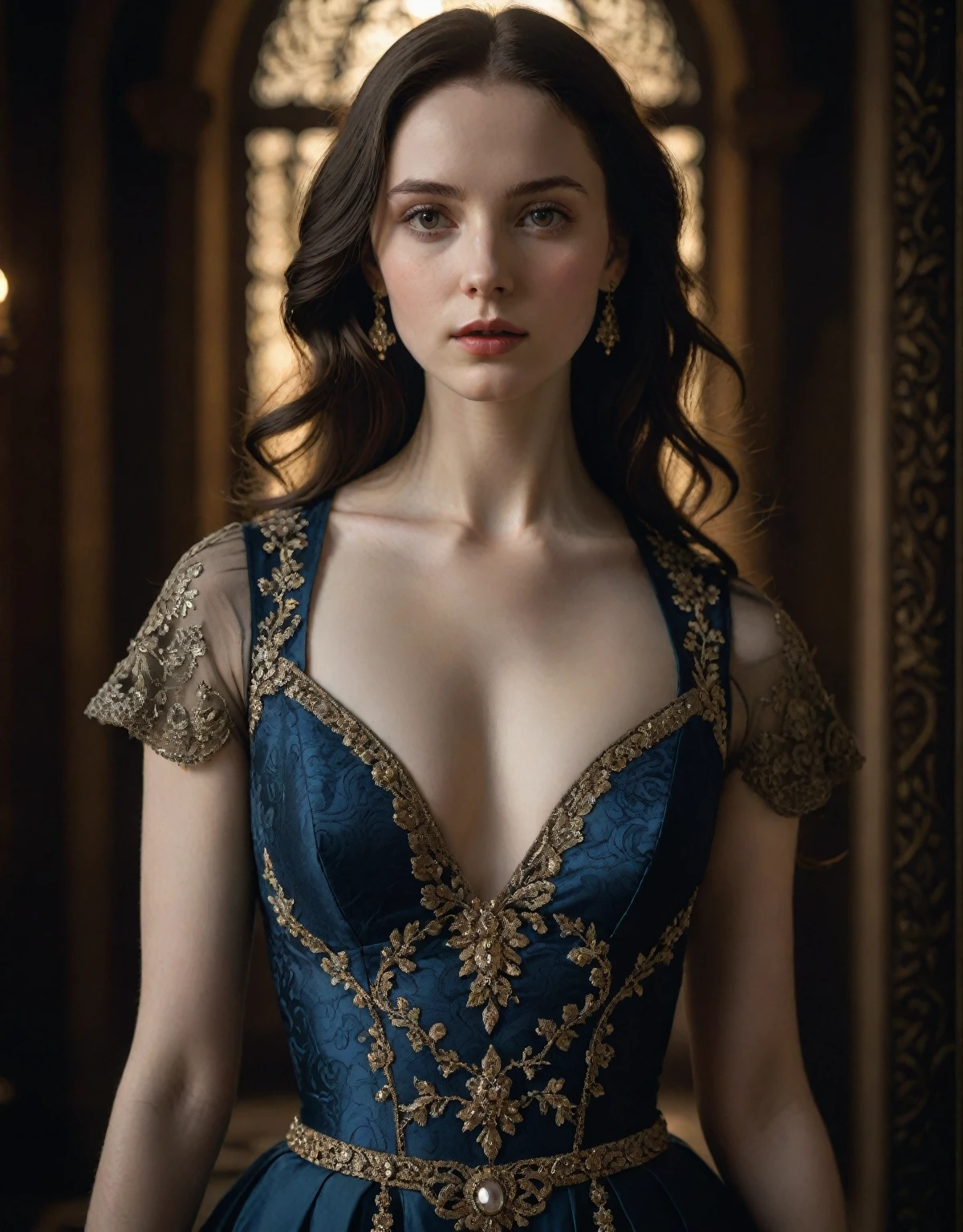 a beautiful woman with dark hair and pale skin, detailed face, penetrating gaze, elegant dress, graceful pose, serene expression, soft lighting, cinematic composition, dreamlike atmosphere, intricate patterns, ornate jewelry, photorealistic, (best quality,4k,8k,highres,masterpiece:1.2),ultra-detailed,(realistic,photorealistic,photo-realistic:1.37),dramatic lighting,rich color palette,chiaroscuro,her body glistens with oily light as if she has been rubbed with body milk