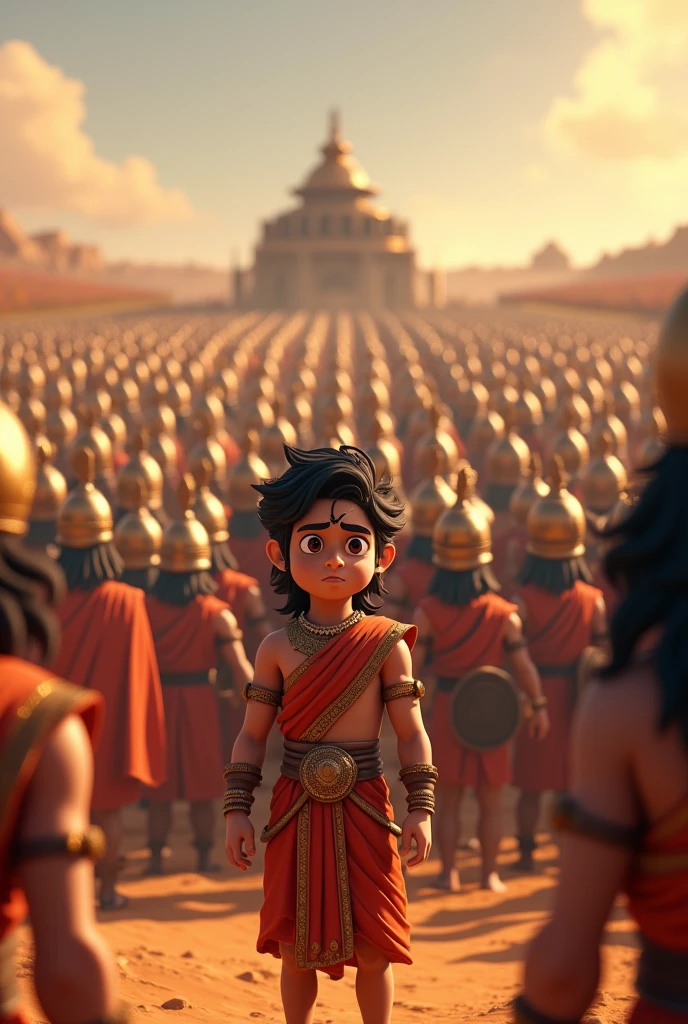  Generate in cinemetic 3d Cartoon 
**Imposing Forces:** "A high-quality depiction of the Pandava army’s imposing formation, with Duryodhana and Dronacharya in the foreground. Duryodhana’s worried expression contrasts with the disciplined and well-organized Pandava forces, highlighting their readiness for battle."