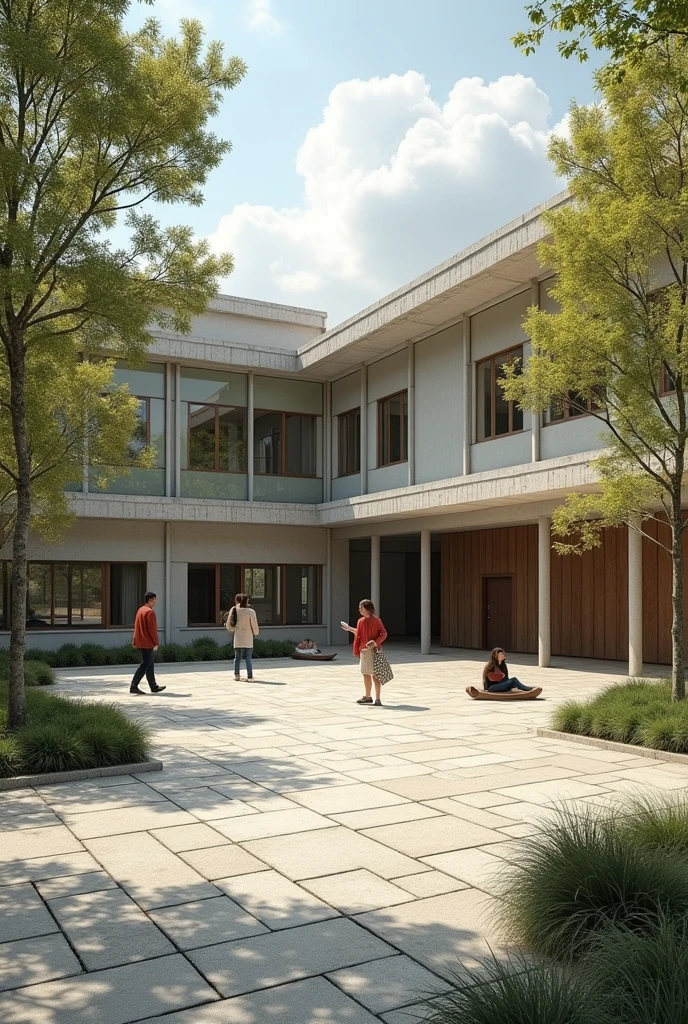 In an area of 500 square meters, a university courtyard is created where daily activities are carried out using unfolded surfaces and uneven ground.