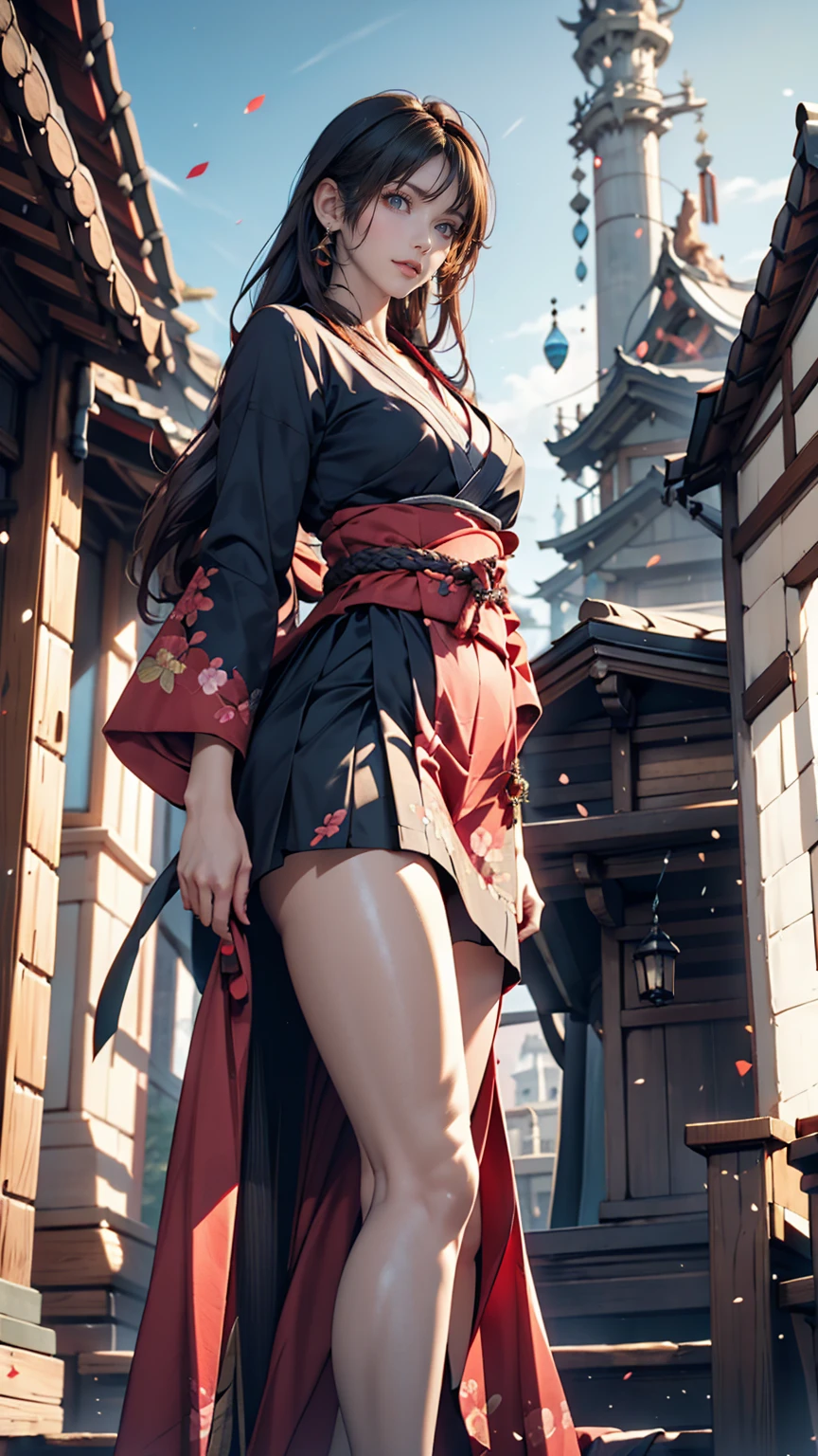 Japanese anime style. woman. middle ages. Europe. Fantasy. skirt. sword. Are standing. whole body. From below.  