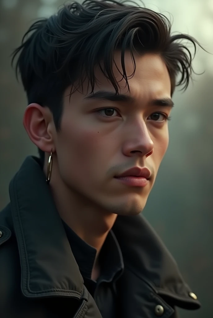 A young man is very serious as attitude in his face and slightly smiling and seeing ahead