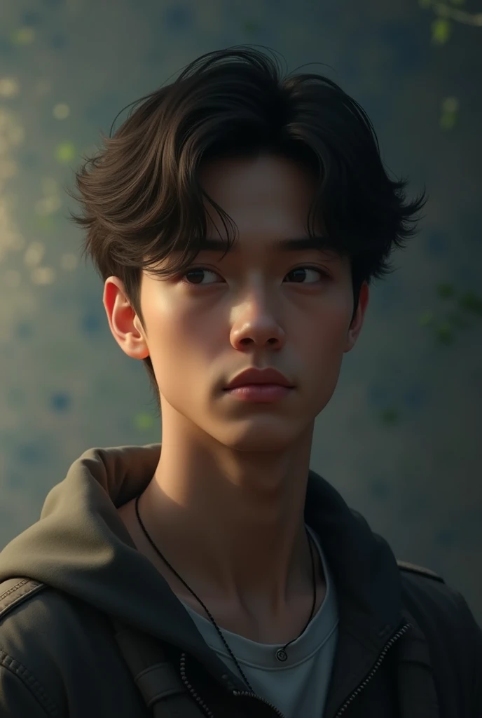 A young man is very serious as attitude in his face and slightly smiling and seeing ahead