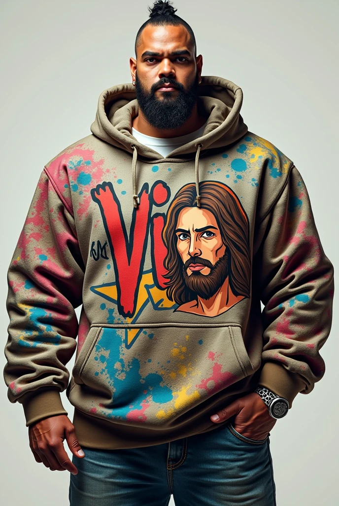 White rapper with a thick build wearing a sweatshirt with graffiti that says Vito Mc next to a cartoon of Jesus of Nazareth