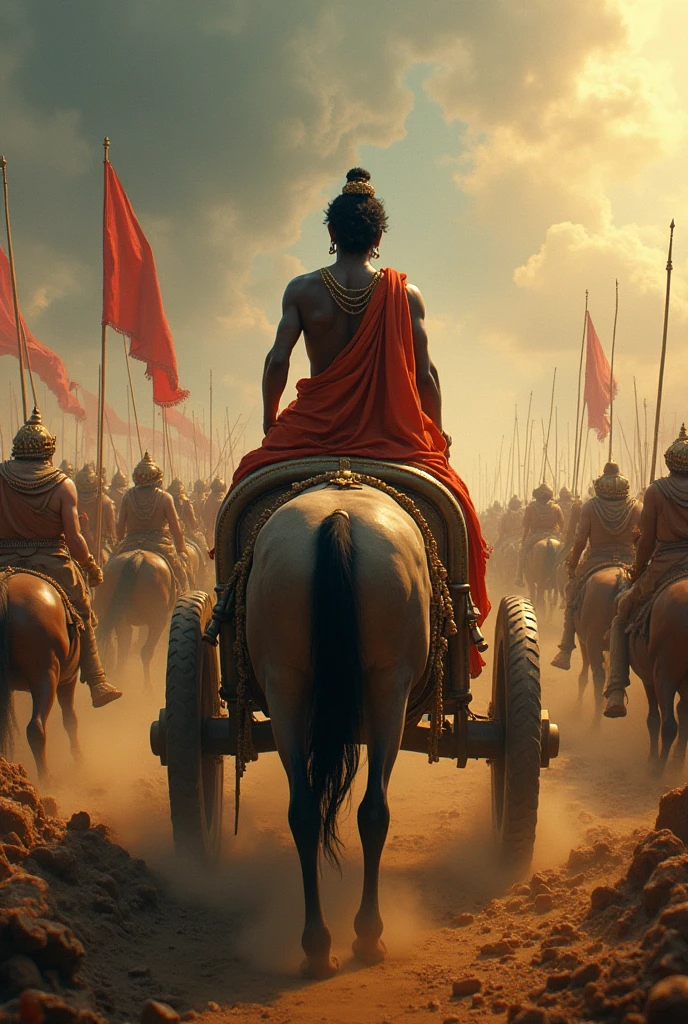 Generate ai image showing krishna in BattlefieldWar of mahabharat. The view should be such that back side of krishna should be visible i.e arjun view in charriot.