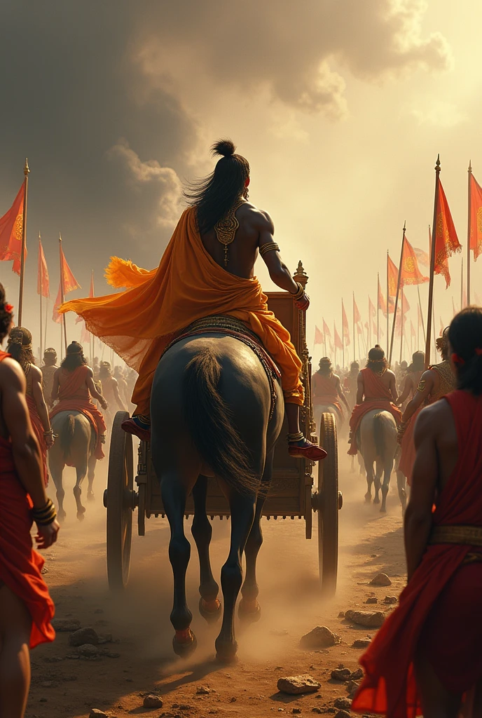 Generate ai image showing krishna in BattlefieldWar of mahabharat. The view should be such that back side of krishna should be visible i.e arjun view in charriot.