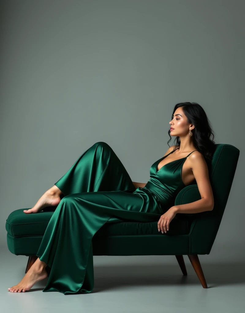 The photo studio features a minimalist, modern backdrop in soft gray. She is dressed in a flowing, satin jumpsuit in a deep emerald green, which accentuates her curves and movement. Her black hair is styled in loose, elegant waves. She reclines gracefully on a plush, velvet chaise lounge with one leg draped over the edge and the other bent at the knee. Her posture is relaxed yet poised, with her arms resting lightly by her sides. The studio lighting creates a soft glow that highlights the smooth texture of the satin and enhances the sophistication of her pose.