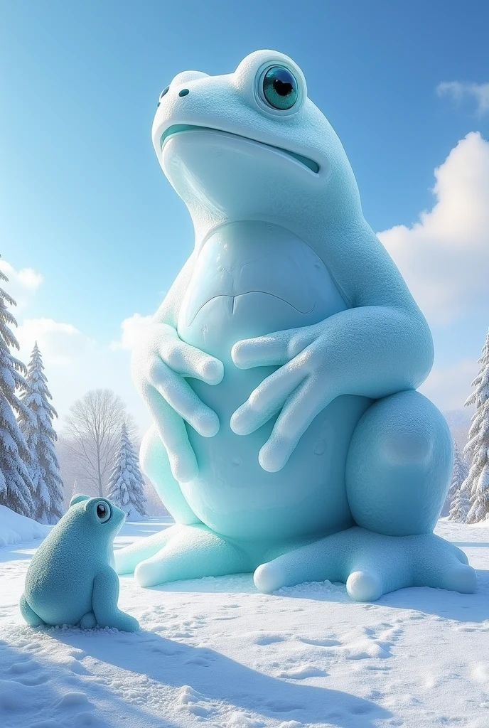 Ice sculpture contest、Giant ice sculpture of a frog、The back of a small one looking up