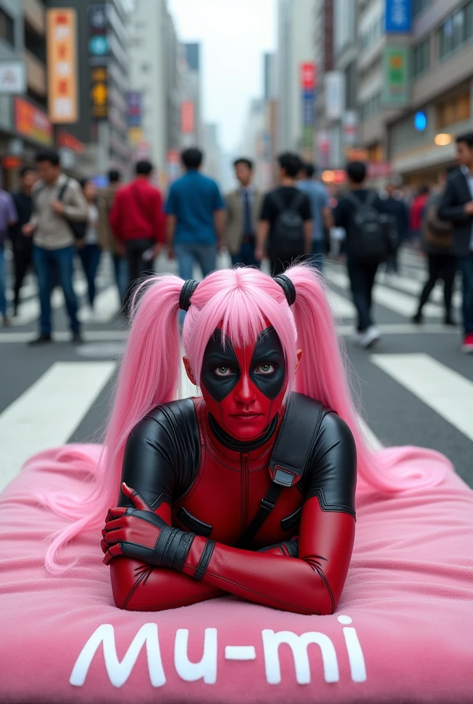 ((Highest quality)), ((masterpiece)), (photograph), ((Japanese women)), ((Deadpool costume and mask)), ((("mu mi" written in white letters on the mouth))), Deadpool woman with pink hair and twin tails, Lying on a fluffy pink bath mat at Tokyo's Scramble Crossing, Surrounded by passers-by, (from side),