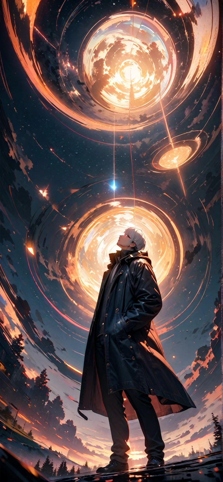8k,wallpaper of extremely detailed CG unit, masterpiece,hight resolution,top-quality,top-quality real texture skin,hyper realisitic,increase the resolution,RAW photos,best qualtiy,highly detailed,the wallpaper,cinematic lighting,ray trace,golden ratio, BREAK ,many stars twinkling in a beautiful bright winter night sky, long exposure starry sky with many circular orbits, silhouette of a very handsome man with white short hair with his hands in his coat pockets looking up at it, photo taken from long distance, photo from below, beautiful kaleidoscope multiple exposures overlapping