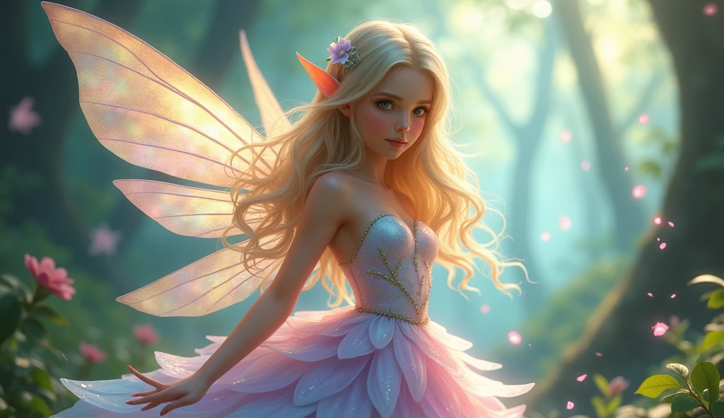 a delicate elf fairy with iridescent wings that shimmer in various shades of pastel, including soft pink, light blue, and mint green. She has flowing, golden-blonde hair with hints of silver that catches the light like sunlight filtering through leaves, cascading gently over her shoulders. Liora is wearing a dress made entirely of soft flower petals in hues of pale pink, lavender, and turquoise, which flutter gracefully with her movements. Her wings should be intricately detailed, reflecting a spectrum of colors as they catch the light. The background should be a lush, mystical forest with softly glowing flora, enhancing the magical atmosphere. Liora’s expression should be serene and whimsical, embodying the spirit of wonder and enchantment.