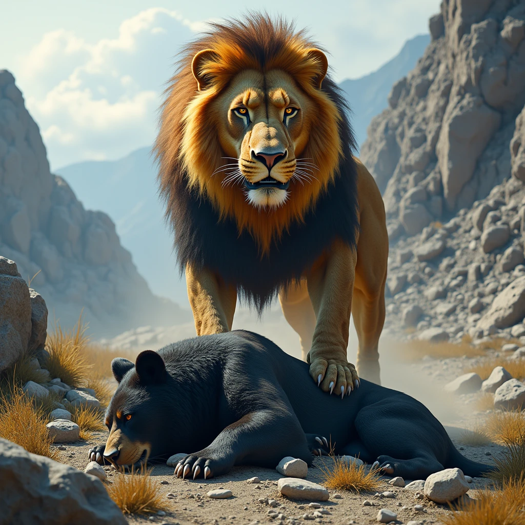 Lion standing on a dead black bear that it fought