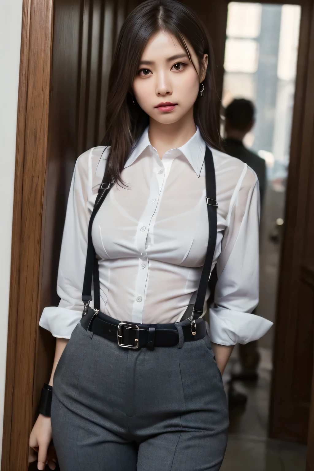 a woman in a suit, belt, hands behind back, sweating, suspenders, black pants, sexly, large breasts, see-through clothing, rain, detective, office worker, white button-up shirt, (best quality,4K,8k,highres,masterpiece:1.2),ultra-detailed,(realistic,photorealistic,photo-realistic:1.37),hyper-detailed,highly detailed face and body, Slender thin suspenders Moderate breasts See-through shirt Nipples holster chain Pistol Armament criminal Female criminal knife