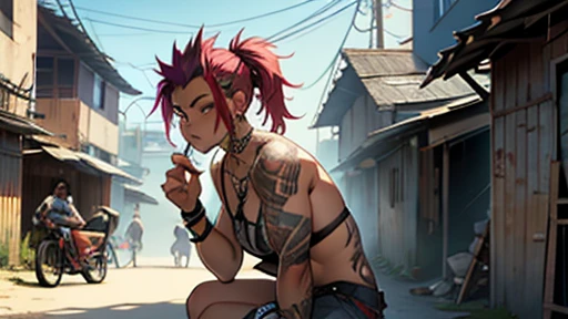score up_9,score up_8,score up_7,best quality,super fine illustration,super detailed,8k,Wall art on the background wall, Summer Day in the slums with a punk vibe,
BREAK
Tattoos all over his body, piercings everywhere, a husband with a Mohawk, tongue hanging out, crouching with a crazy look on his face. He carries a bat with nails driven into it on his shoulder.
BREAK
A wife with rainbow twin-tails, wide-eyed, holding a whip in one hand and blowing bubbles with chewing gum stands nearby.
BREAK
Wife also has tattoos all over her body, piercings here and there