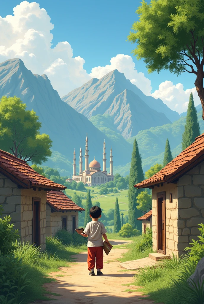 A beautiful village in Pakistan, the trees are lush, the mountains are high, you can see the mosque from afar, and the small, small buildings are beautiful, you can see from afar, and one studying in a religious school is playing with a book in my hand.