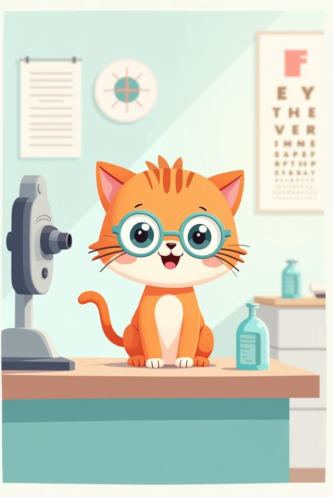 Q version cartoon style,Minimalism,Cute kitten having an eye exam,very happy