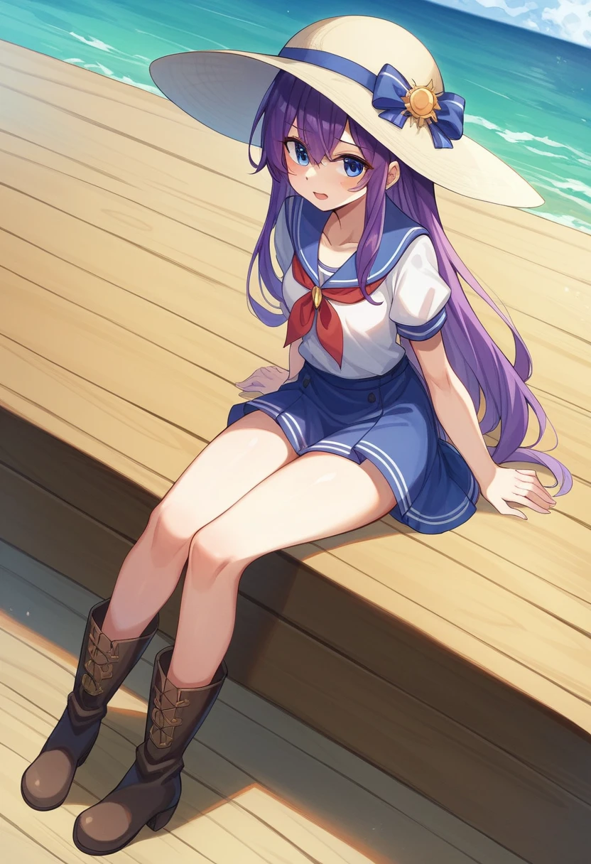 One person、solo、semi-long、chest、blue eyes、巨大なchest、chestの谷間、Purple Hair、Wheat-colored naked、
Ocean賊、hat、Ocean賊hat、、mini skirt、boots、ニーboots、
Ocean、、Boat、Boatの上、Ocean賊Boatの上、On Deck