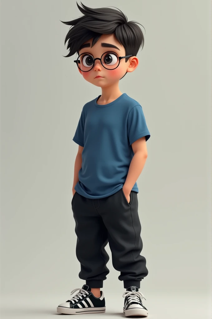 boy with blue T-shirt in black sweatpants in Adidas Campus sneakers in glasses with a black dot on the right cheek with a fade hairstyle