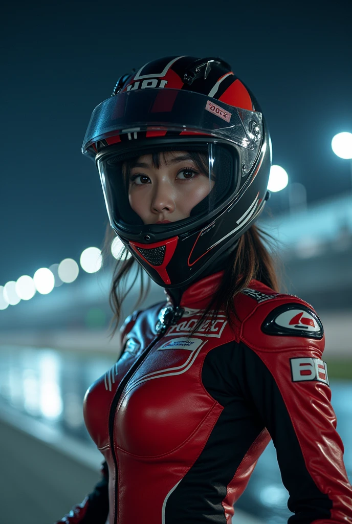 (very beautiful Japanese high school girl), professional motorcycle racer, about to Ride on a racing motorcycle, at circuit at night, dramatic scene, masterpiece, (cowboy shot:1.3), clear helmet visor, beautiful eyes, Honda CBR1000RR, Shoei helmet, (wearing motorcycle racer's outfits)