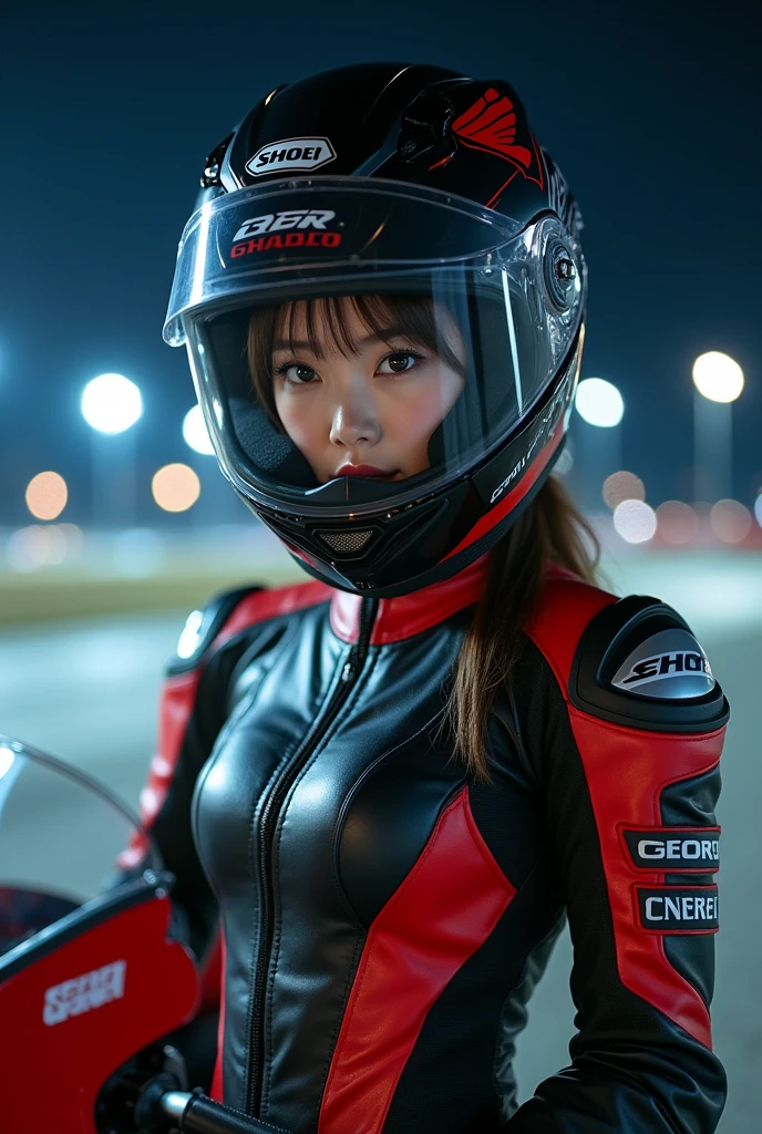 (very beautiful Japanese high school girl), professional motorcycle racer, about to Ride on a racing motorcycle, at circuit at night, dramatic scene, masterpiece, (cowboy shot:1.3), clear helmet visor, beautiful eyes, Honda CBR1000RR, Shoei helmet, (wearing motorcycle racer's outfits)