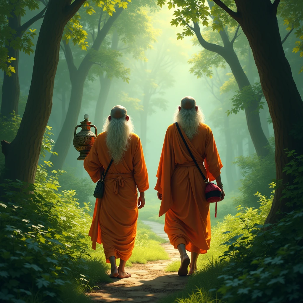  Two Hindu saints were passing through the forest , The Hindu saint had a kamandal in one hand and a red bag in the other hand. 
