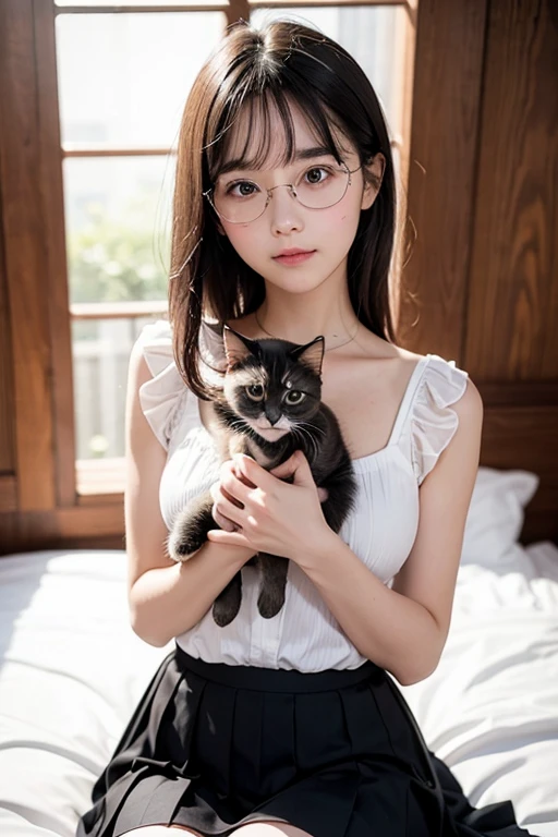 A beautiful girl with glasses and cat ears posing near a window, pink cat clothes, showcasing shoulders and thighs