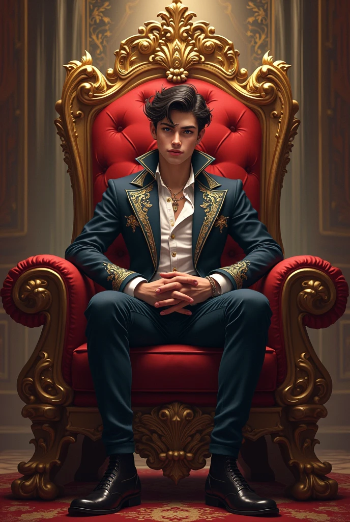 A attitude boy of sitting on a imperial chair with royal background and 'ARISTOCRATIC EMPEROR' written on the wall behind the boy chair.