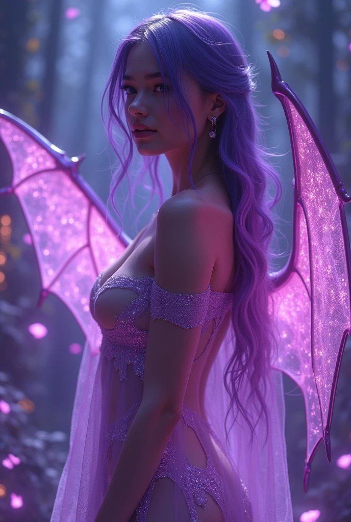 "A stunning, otherworldly woman with radiant amethyst purple features, her naked form sensuously adorned with delicate, semi-transparent veils that barely cover her. Her eyes and hair shimmer with an alluring amethyst glow, seamlessly blending with the ambient surroundings. The scene is set in a mystical digital forest, where holographic foliage and flowers pulse with a soft, mesmerizing purple light. Her skin, subtly iridescent, reflects the amethyst glow in captivating patterns that emphasize her every curve. As she moves with graceful fluidity among the glowing flora, her expression is irresistibly enchanting, embodying the essence of a cybernetic siren in a rich, neon-lit paradise.", cleavage, thigh, short skirt, sexy, wide demonic wings